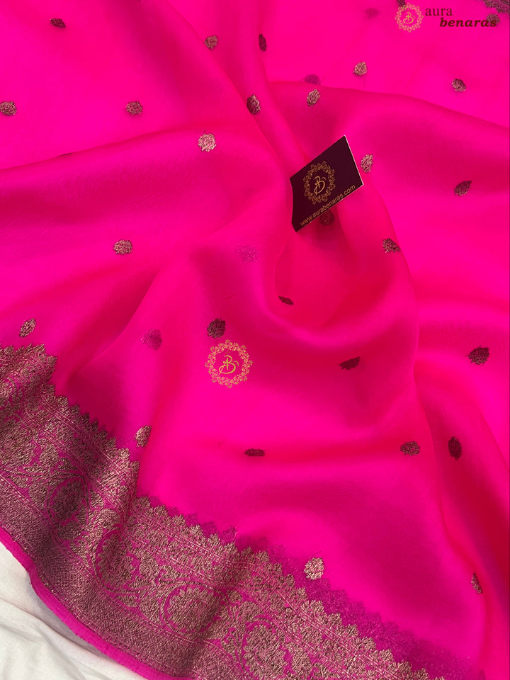 Rani Pink Banarasi Handloom Kora Silk Saree - Aura Benaras