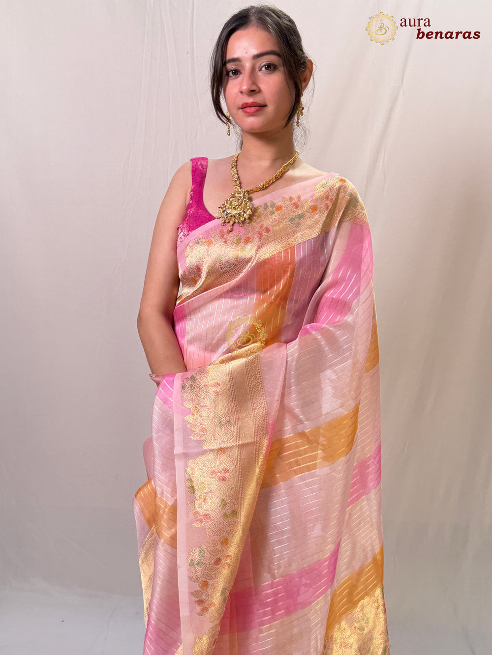 Baby Pink Kora Silk Saree with Golden Zari Stripe & Rangkaat