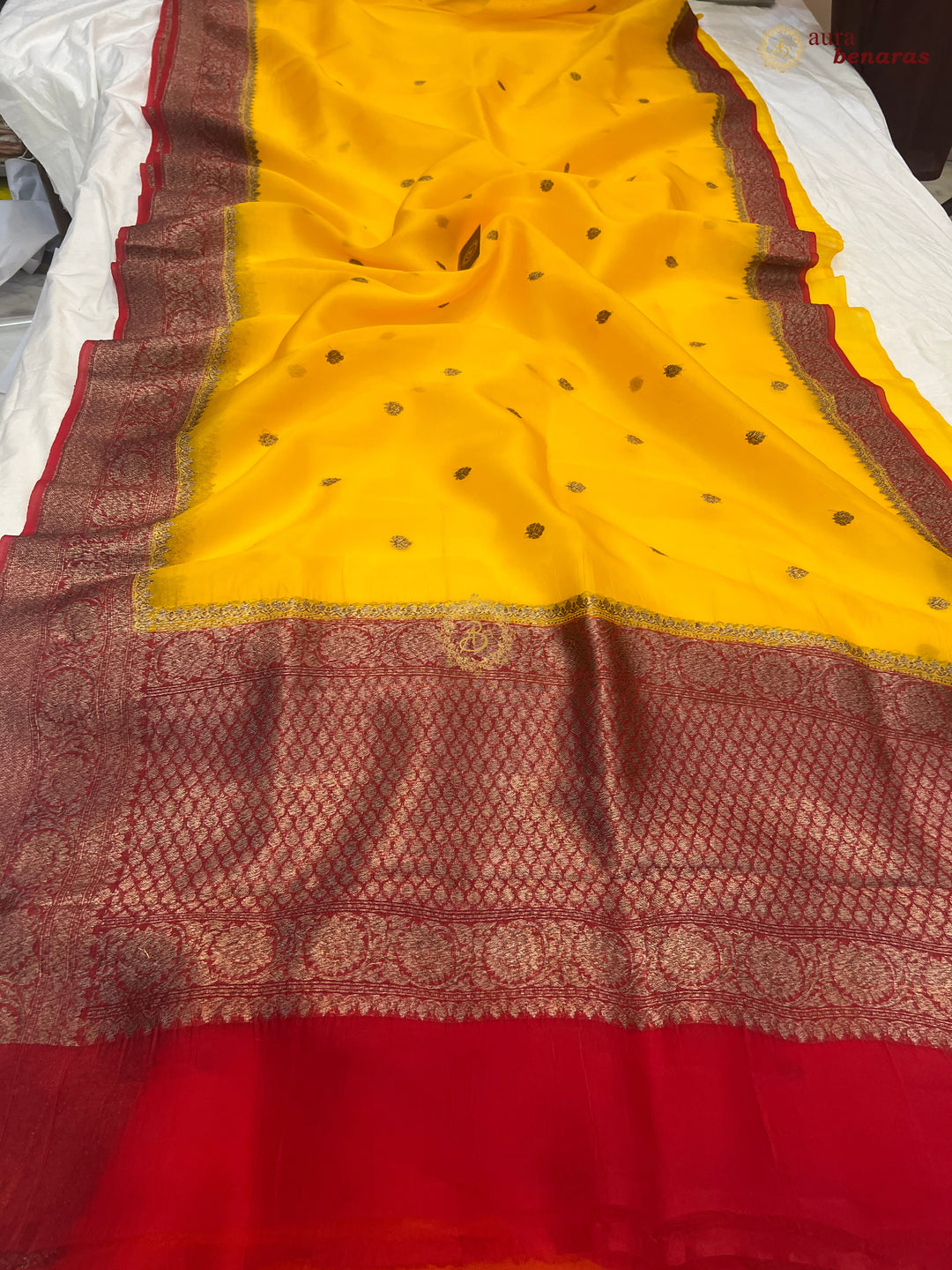Yellow Banarasi Handloom Kora Silk Saree - Aura Benaras