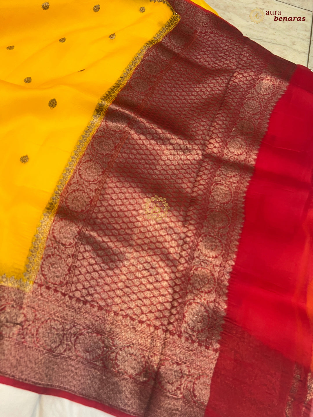 Yellow Banarasi Handloom Kora Silk Saree - Aura Benaras