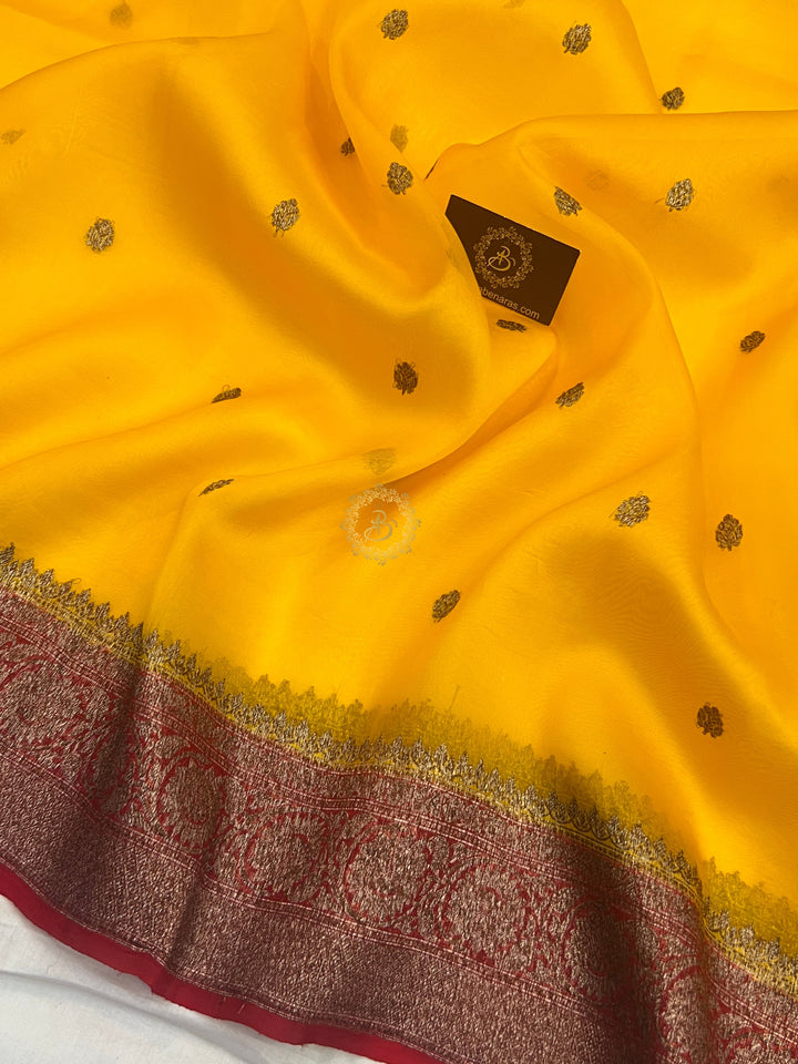 Yellow Banarasi Handloom Kora Silk Saree - Aura Benaras