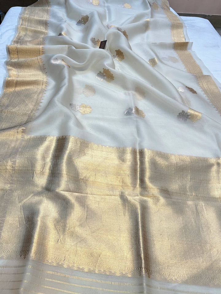 Off White Pure Kora Silk Handloom Banarasi Saree