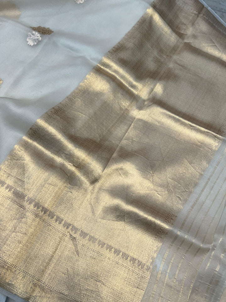 Off White Pure Kora Silk Handloom Banarasi Saree