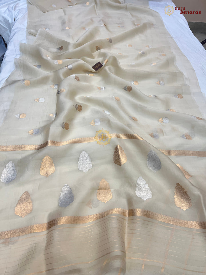 Off White Kora Silk Banarasi Saree with Sona Rupa Butis