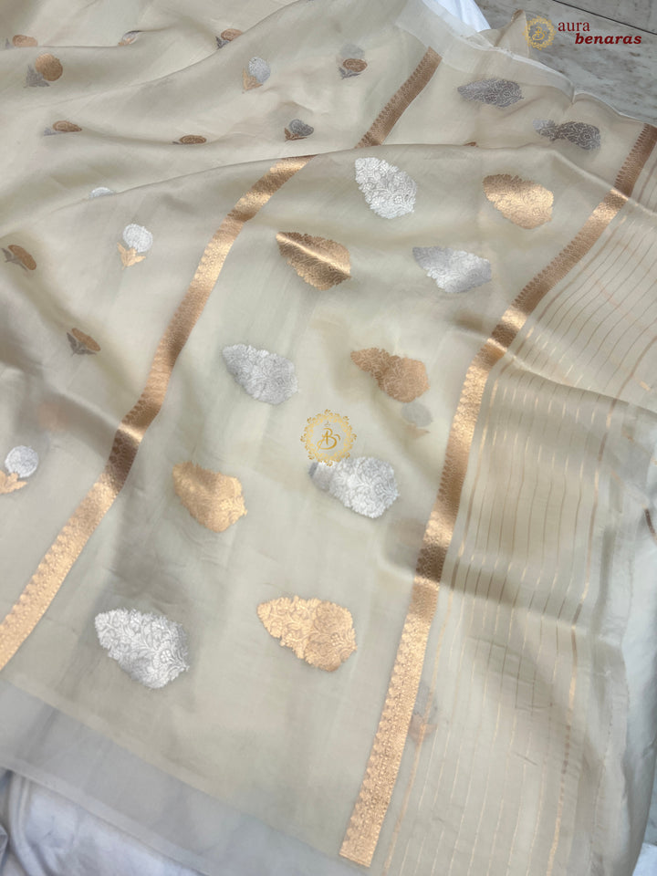 Off White Kora Silk Banarasi Saree with Sona Rupa Butis