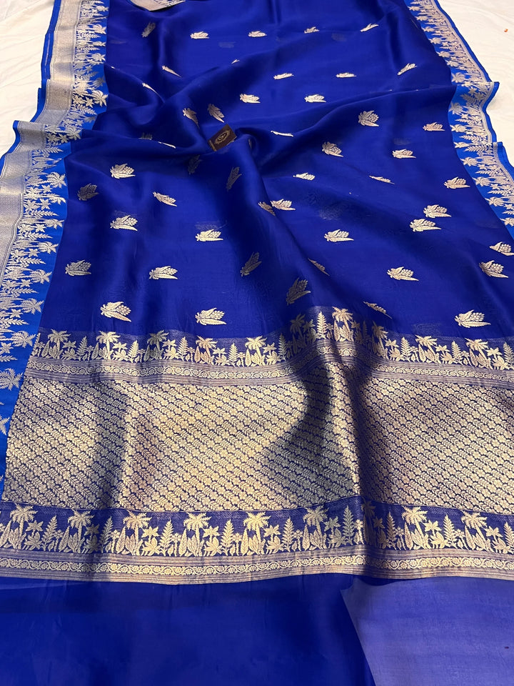 Royal Blue Pure Kora Silk Handloom Banarasi Saree