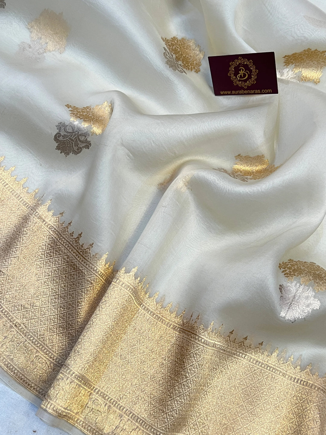 Off White Pure Kora Silk Handloom Banarasi Saree