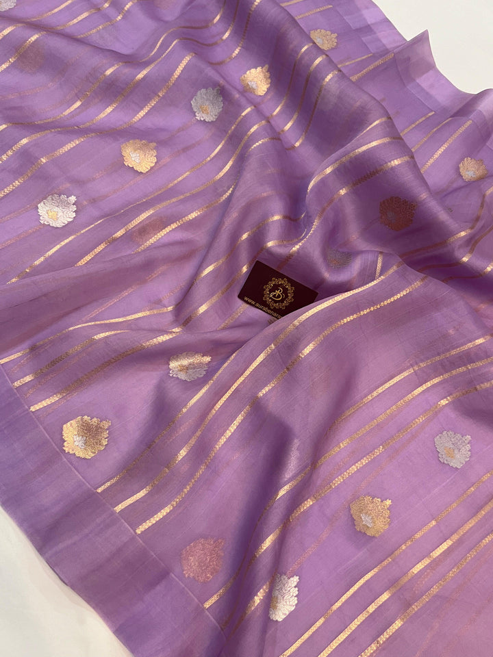Lavender Banarasi Handloom Kora Silk Saree - Aura Benaras