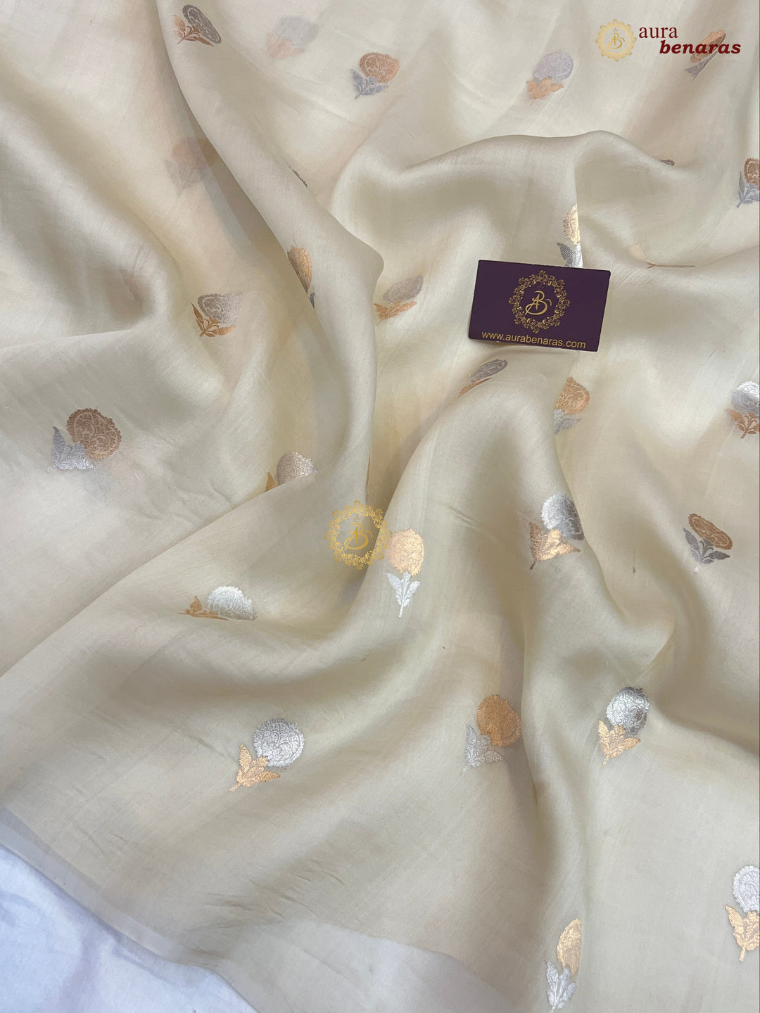 Off White Kora Silk Banarasi Saree with Sona Rupa Butis