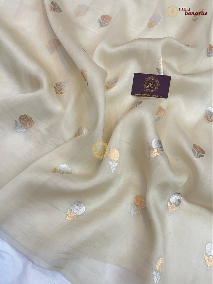 Off White Kora Silk Banarasi Saree with Sona Rupa Butis