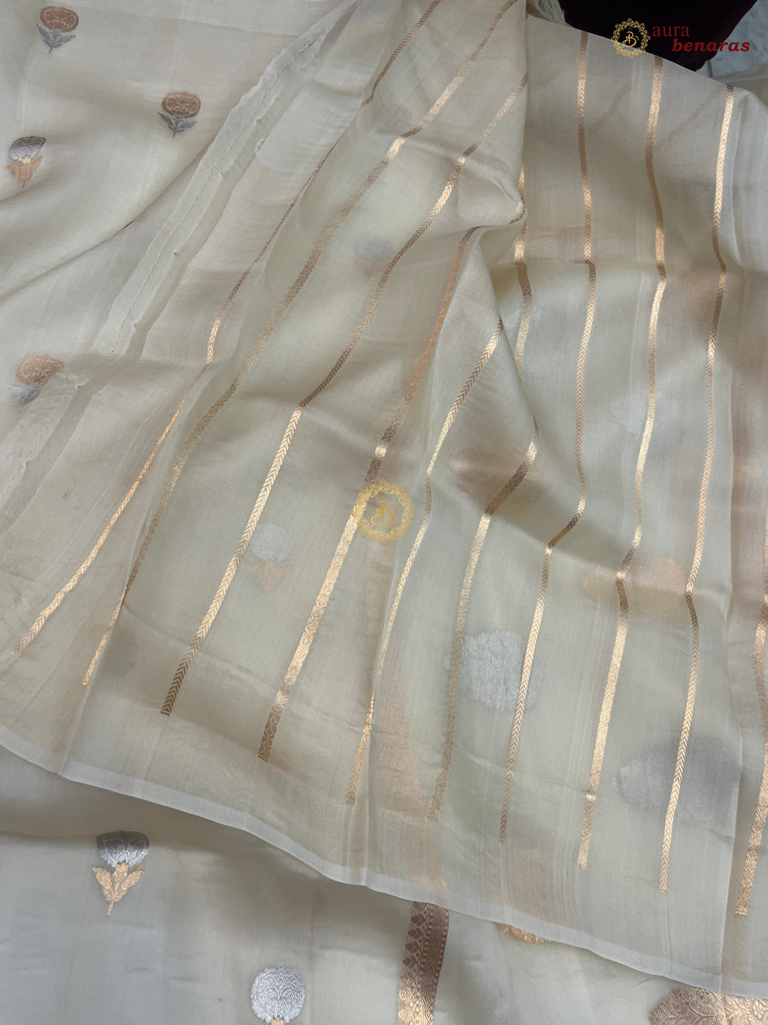 Off White Kora Silk Banarasi Saree with Sona Rupa Butis