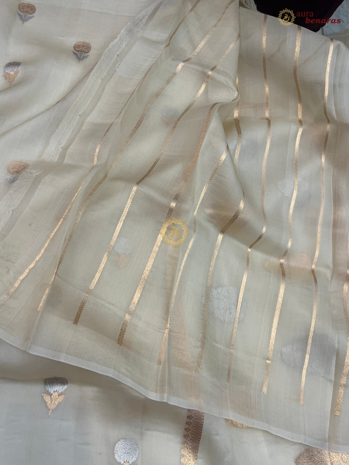 Off White Kora Silk Banarasi Saree with Sona Rupa Butis