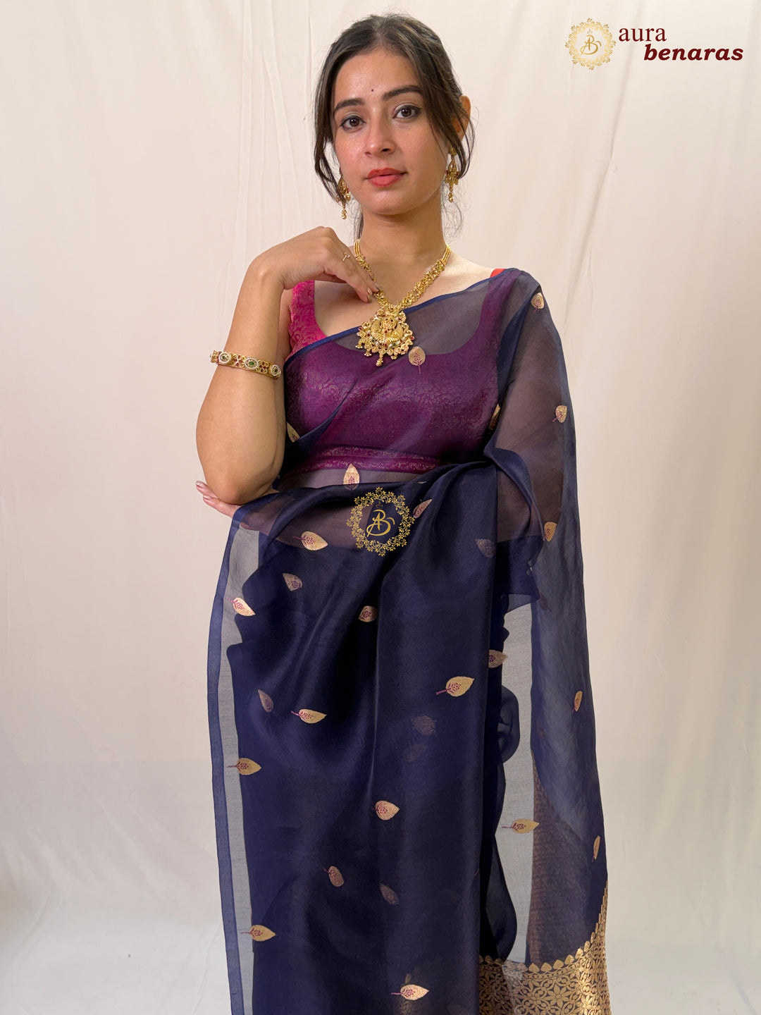 Navy Blue Kora Silk Banarasi Saree – Kadhwa Butis in Zari