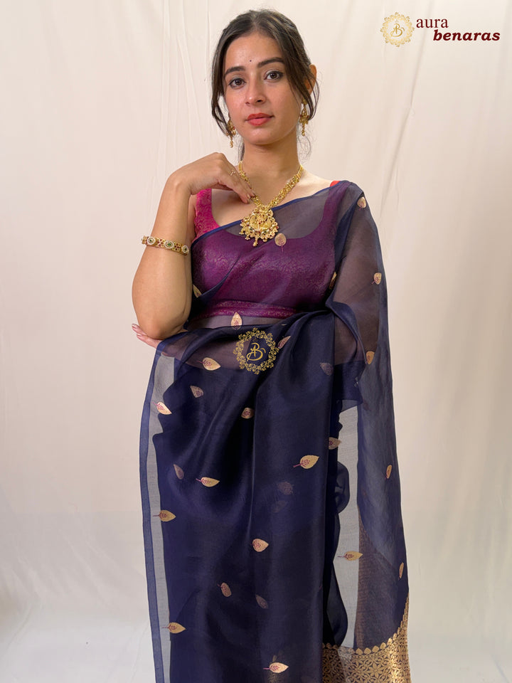 Navy Blue Kora Silk Banarasi Saree – Kadhwa Butis in Zari