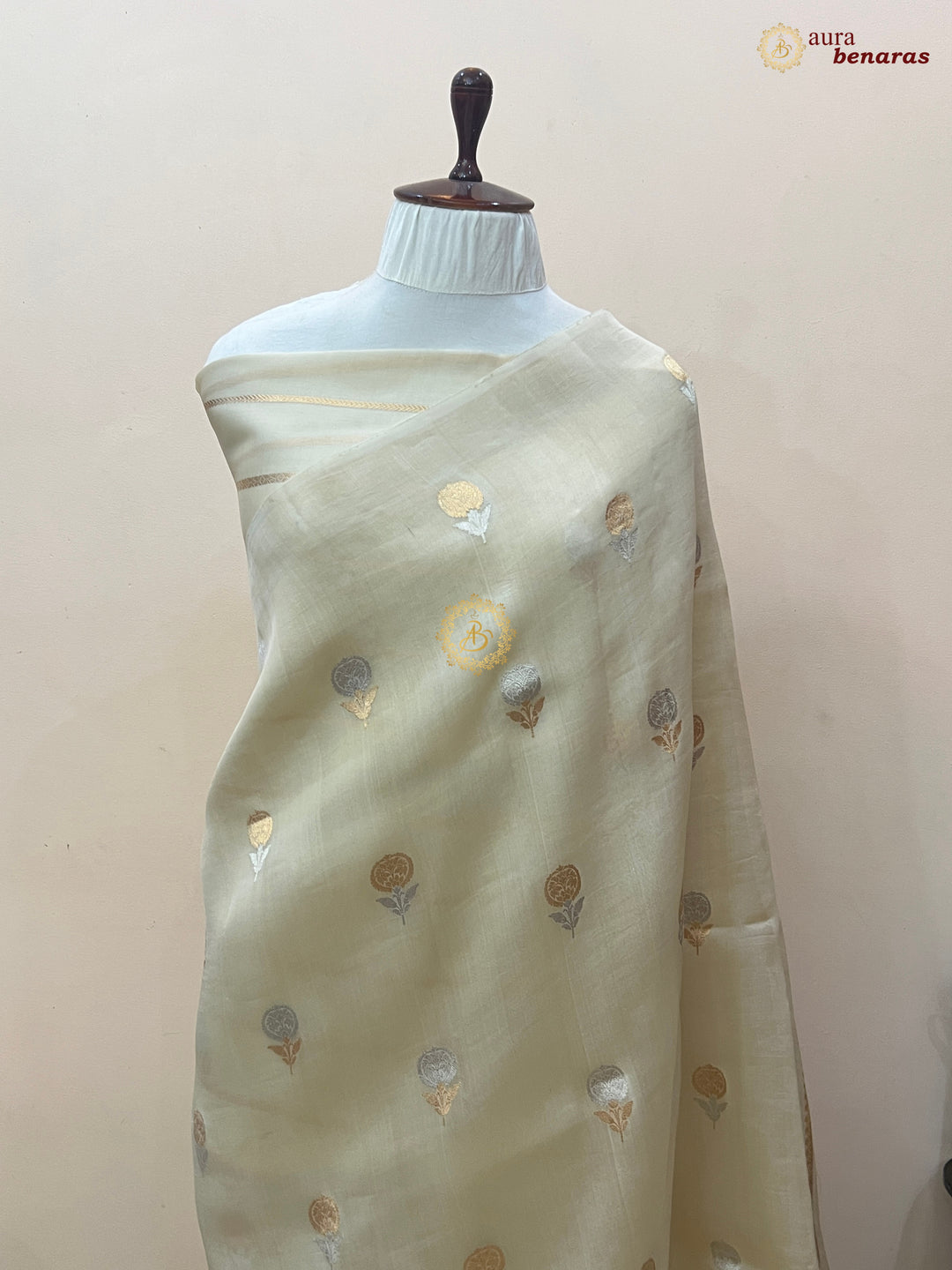 Off White Kora Silk Banarasi Saree with Sona Rupa Butis