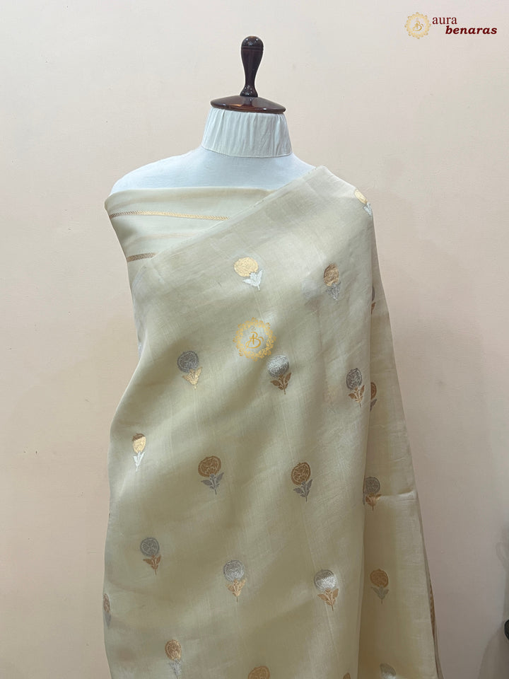 Off White Kora Silk Banarasi Saree with Sona Rupa Butis