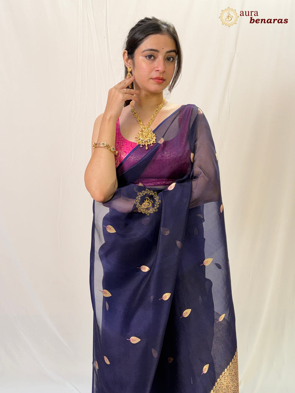 Navy Blue Kora Silk Banarasi Saree – Kadhwa Butis in Zari