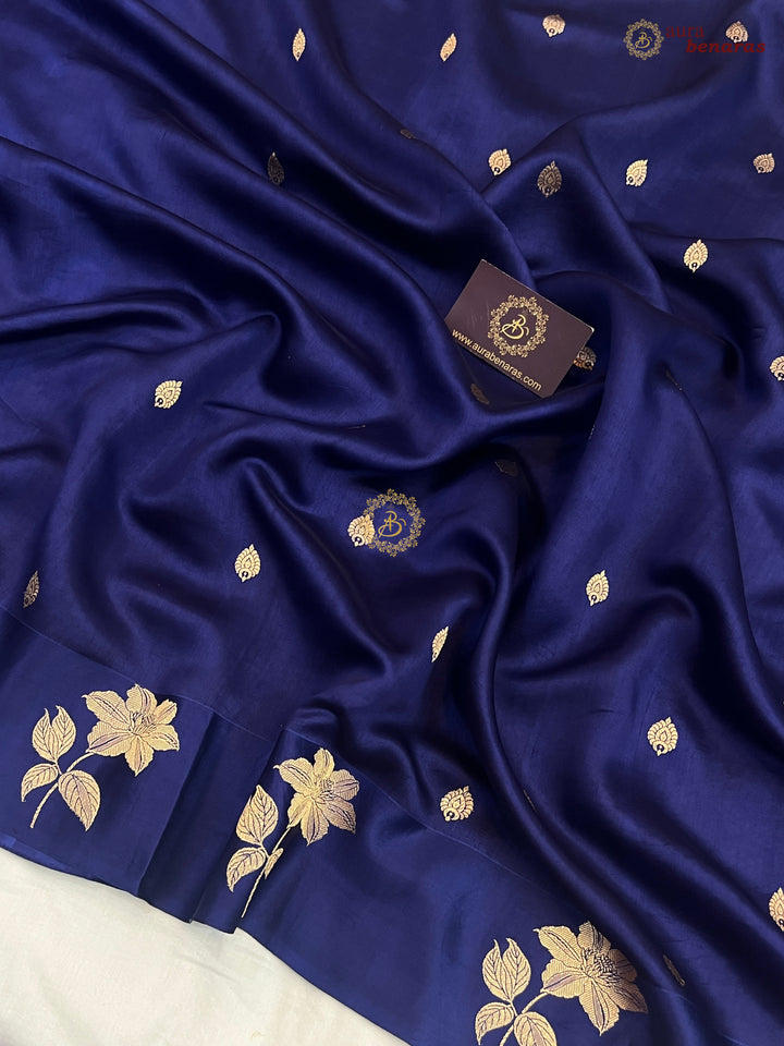 Navy Blue Pure Silk Banarasi Saree – Kadhwa Motifs & Mashru Border