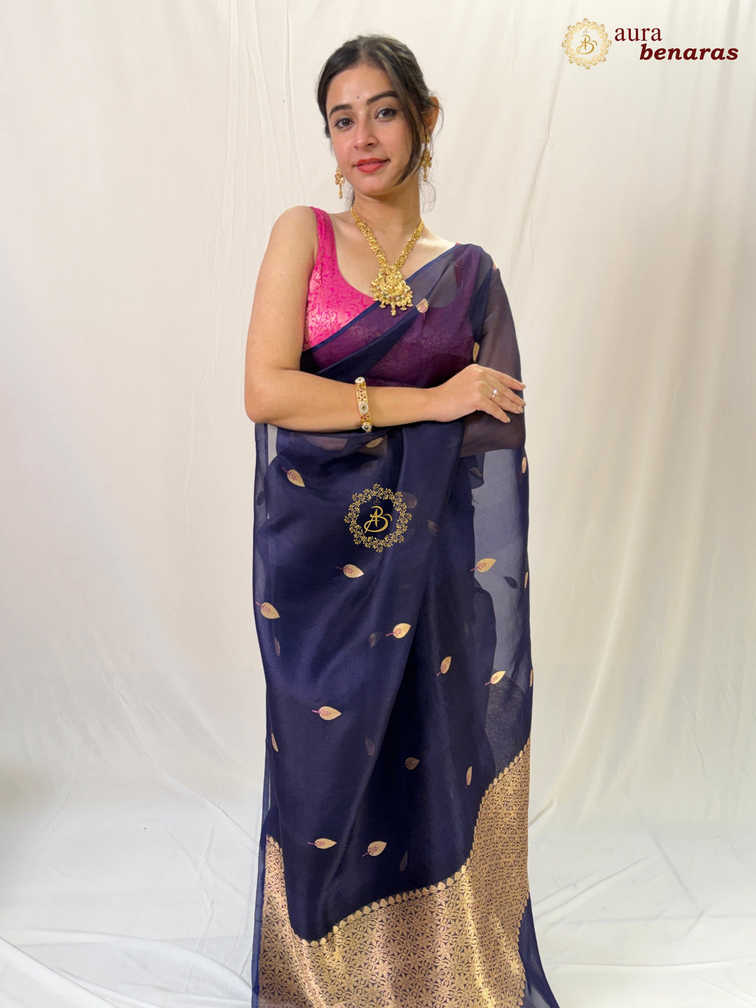 Navy Blue Kora Silk Banarasi Saree – Kadhwa Butis in Zari