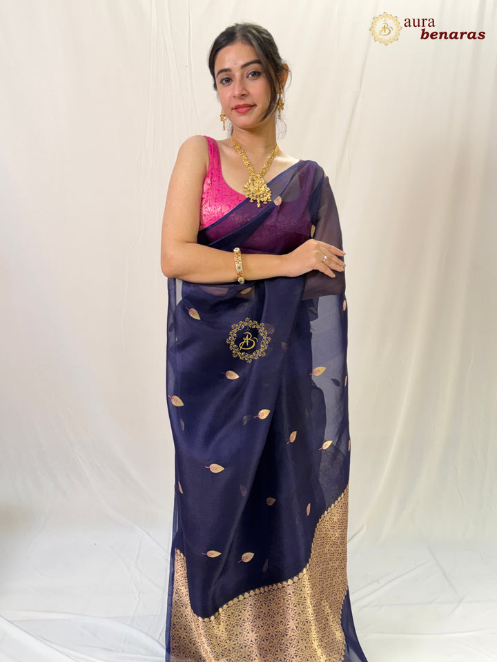 Navy Blue Kora Silk Banarasi Saree – Kadhwa Butis in Zari