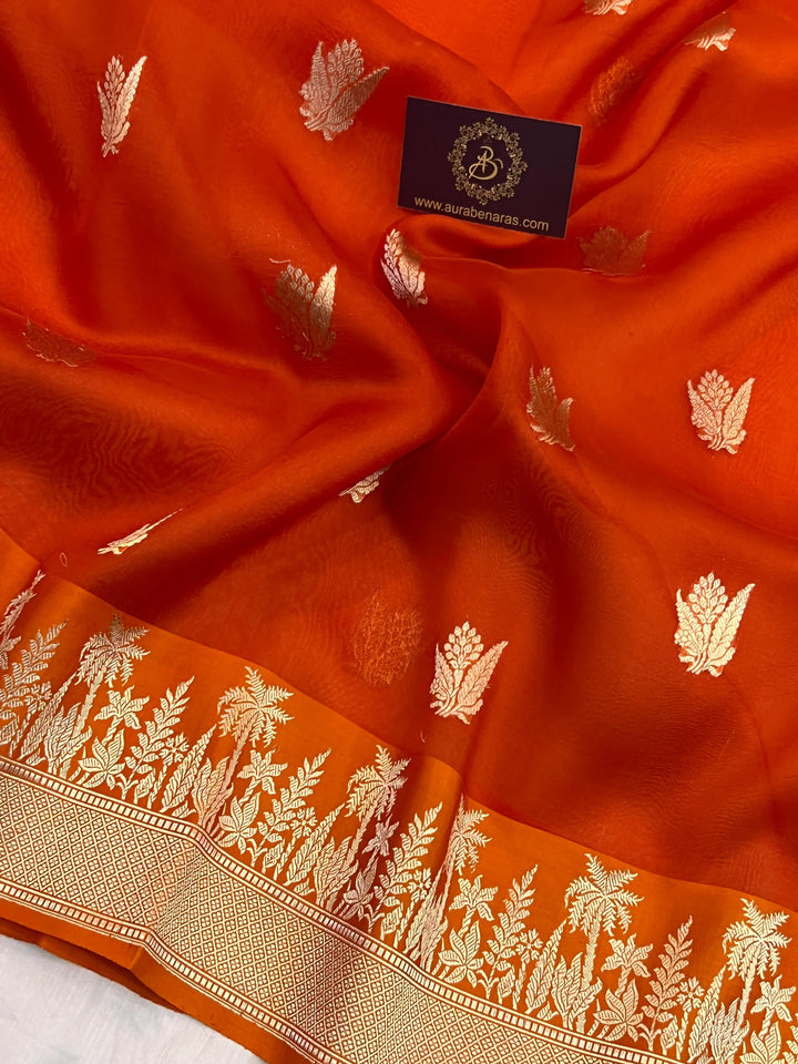 Orange Pure Kora Silk Handloom Banarasi Saree