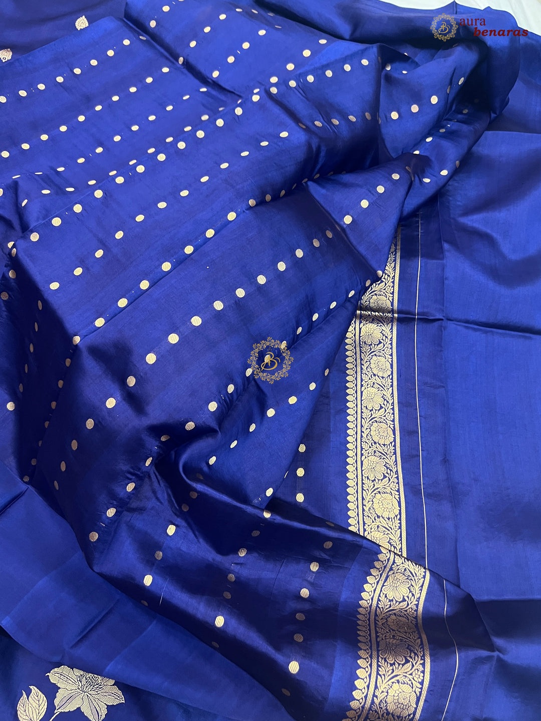 Navy Blue Pure Silk Banarasi Saree – Kadhwa Motifs & Mashru Border