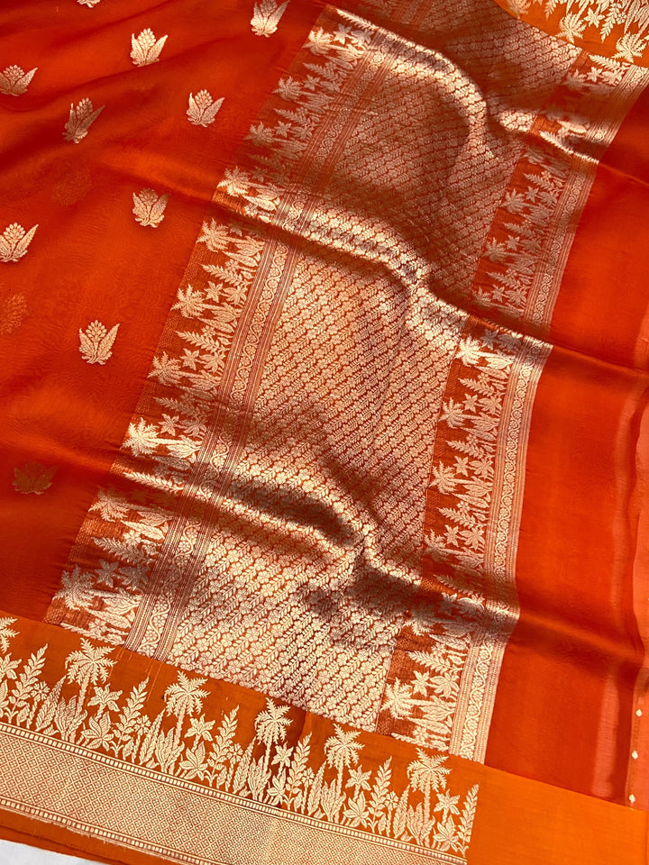 Orange Pure Kora Silk Handloom Banarasi Saree