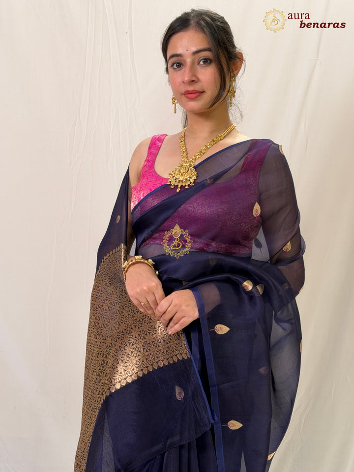 Navy Blue Kora Silk Banarasi Saree – Kadhwa Butis in Zari