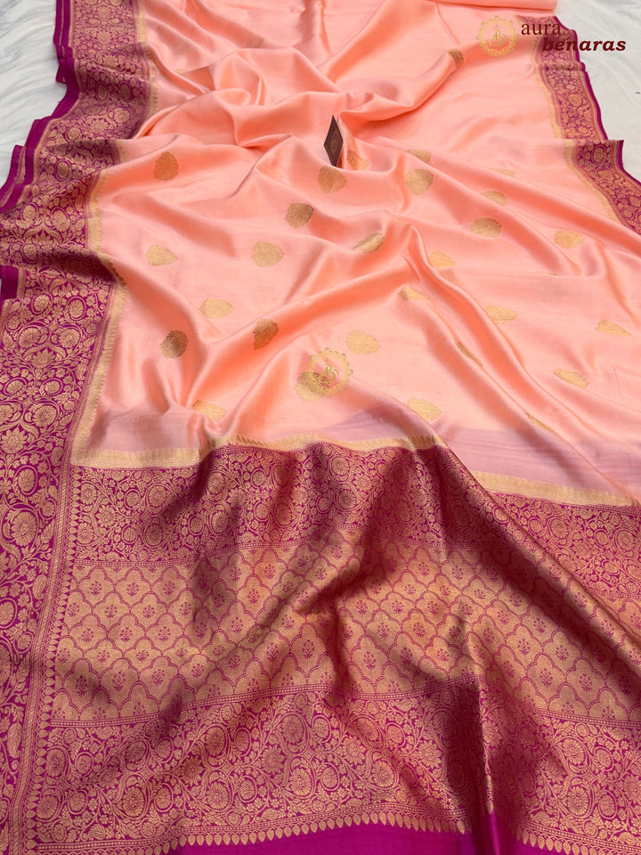 Peach Banarasi Silk Saree | Kadhwa & Sona Rupa Border