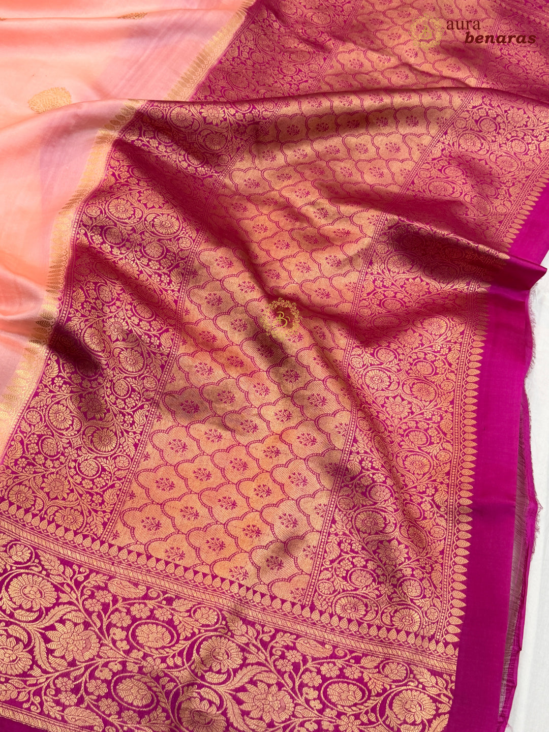 Peach Banarasi Silk Saree | Kadhwa & Sona Rupa Border