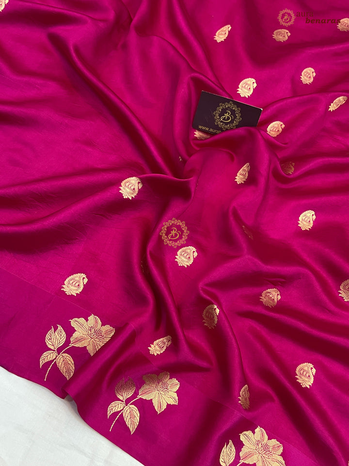Rani Pink Pure Silk Banarasi Saree – Kadhwa Motifs & Mashru Border