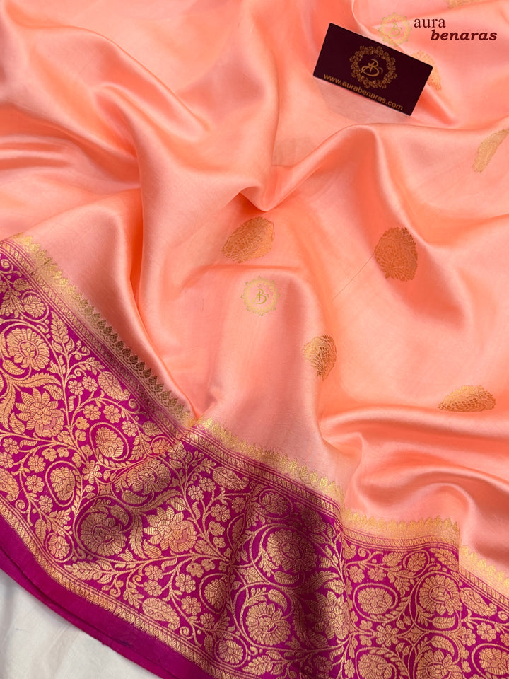 Peach Banarasi Silk Saree | Kadhwa & Sona Rupa Border