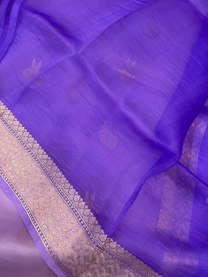 Lilac Banarasi Handloom Kora Silk Saree - Aura Benaras