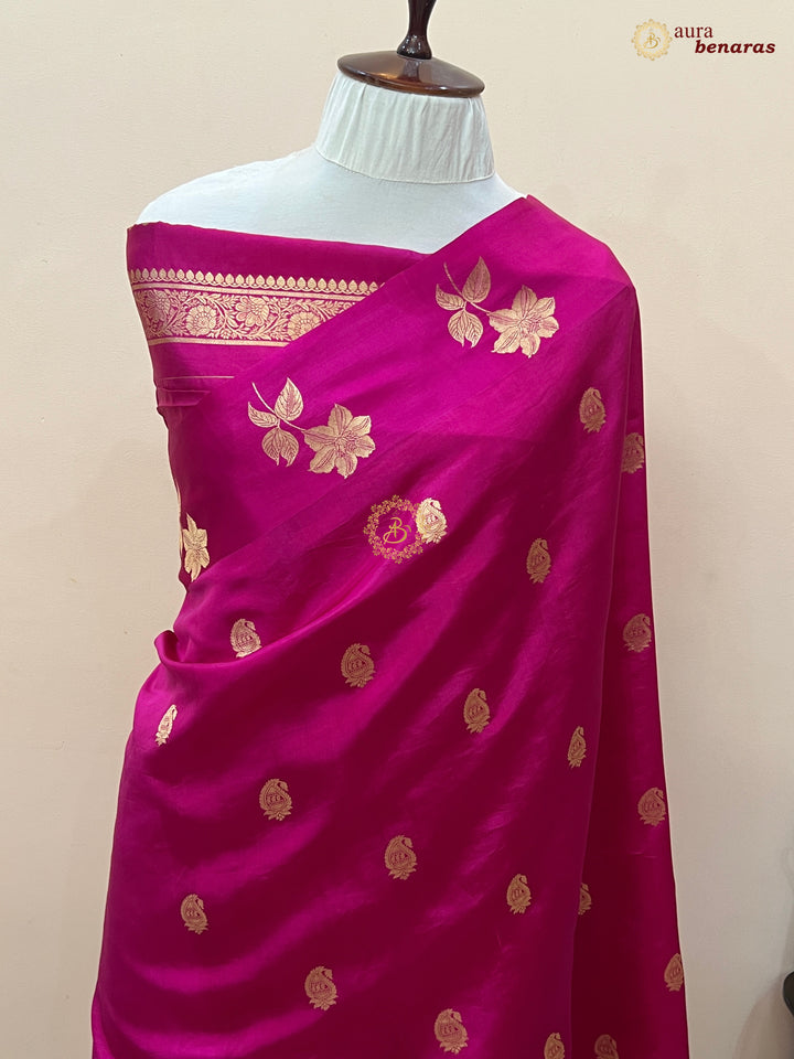 Rani Pink Pure Silk Banarasi Saree – Kadhwa Motifs & Mashru Border