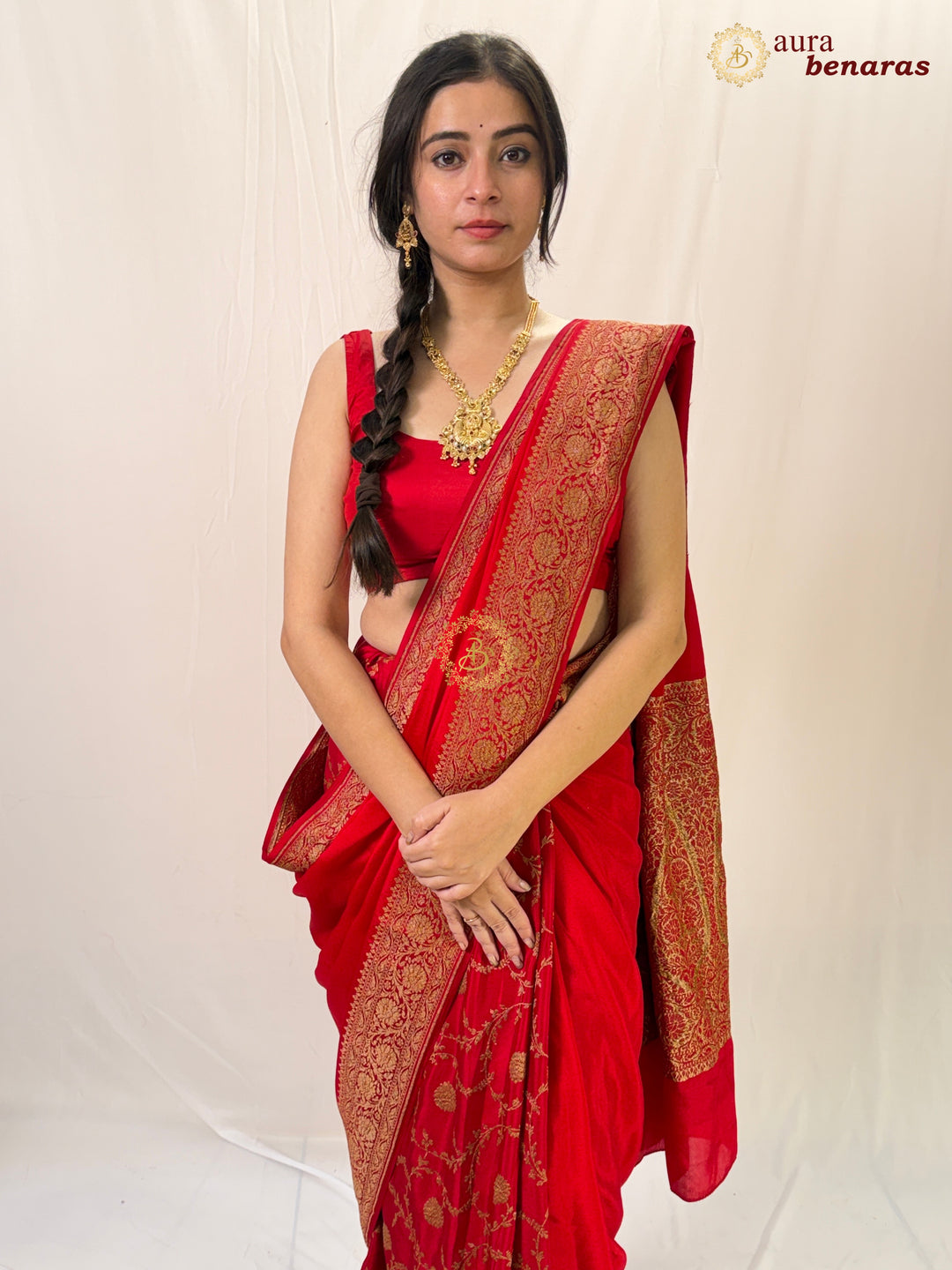 Red  Pure Crepe Silk Banarasi Saree with Antique Zari Jaal Work