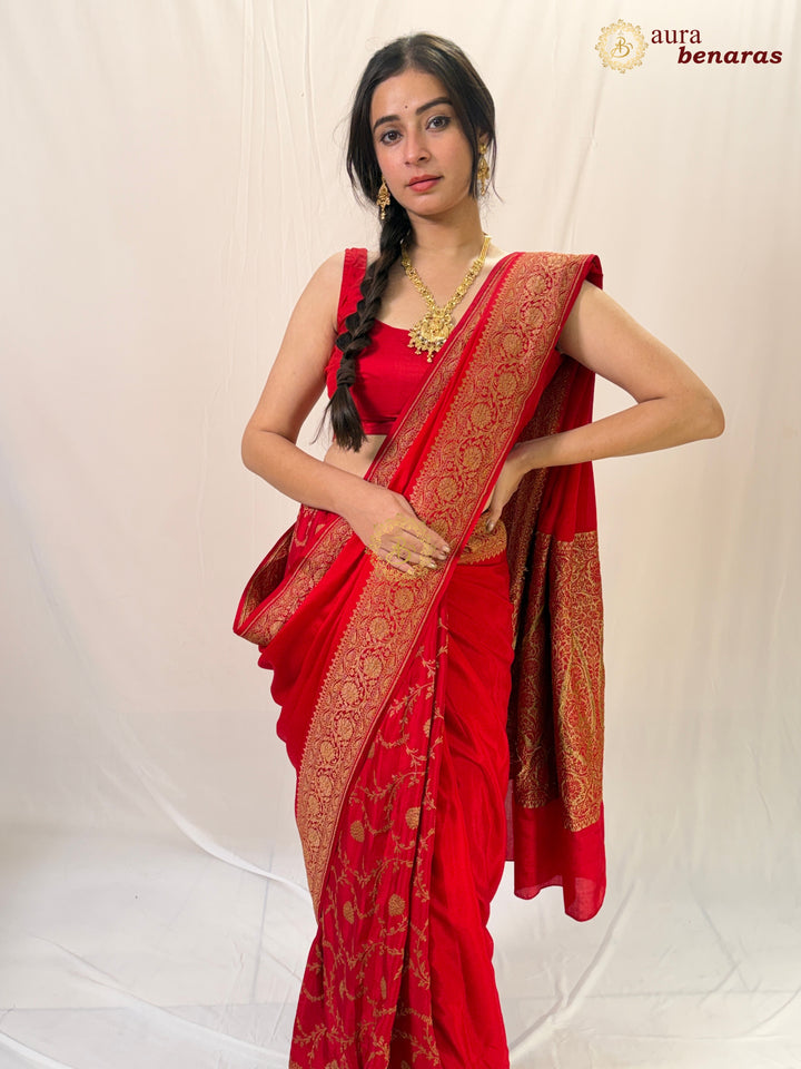 Red  Pure Crepe Silk Banarasi Saree with Antique Zari Jaal Work