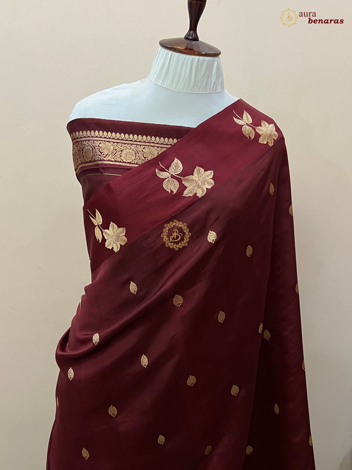 Maroon Pure Silk Banarasi Saree – Kadhwa Motifs & Mashru Border