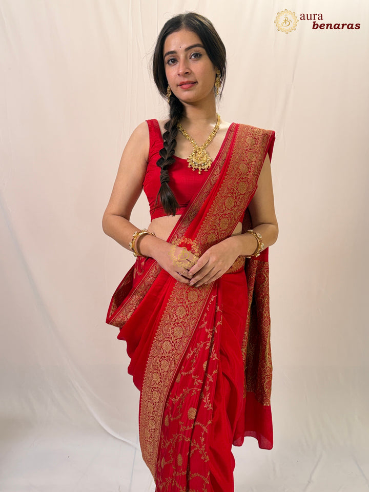 Red  Pure Crepe Silk Banarasi Saree with Antique Zari Jaal Work