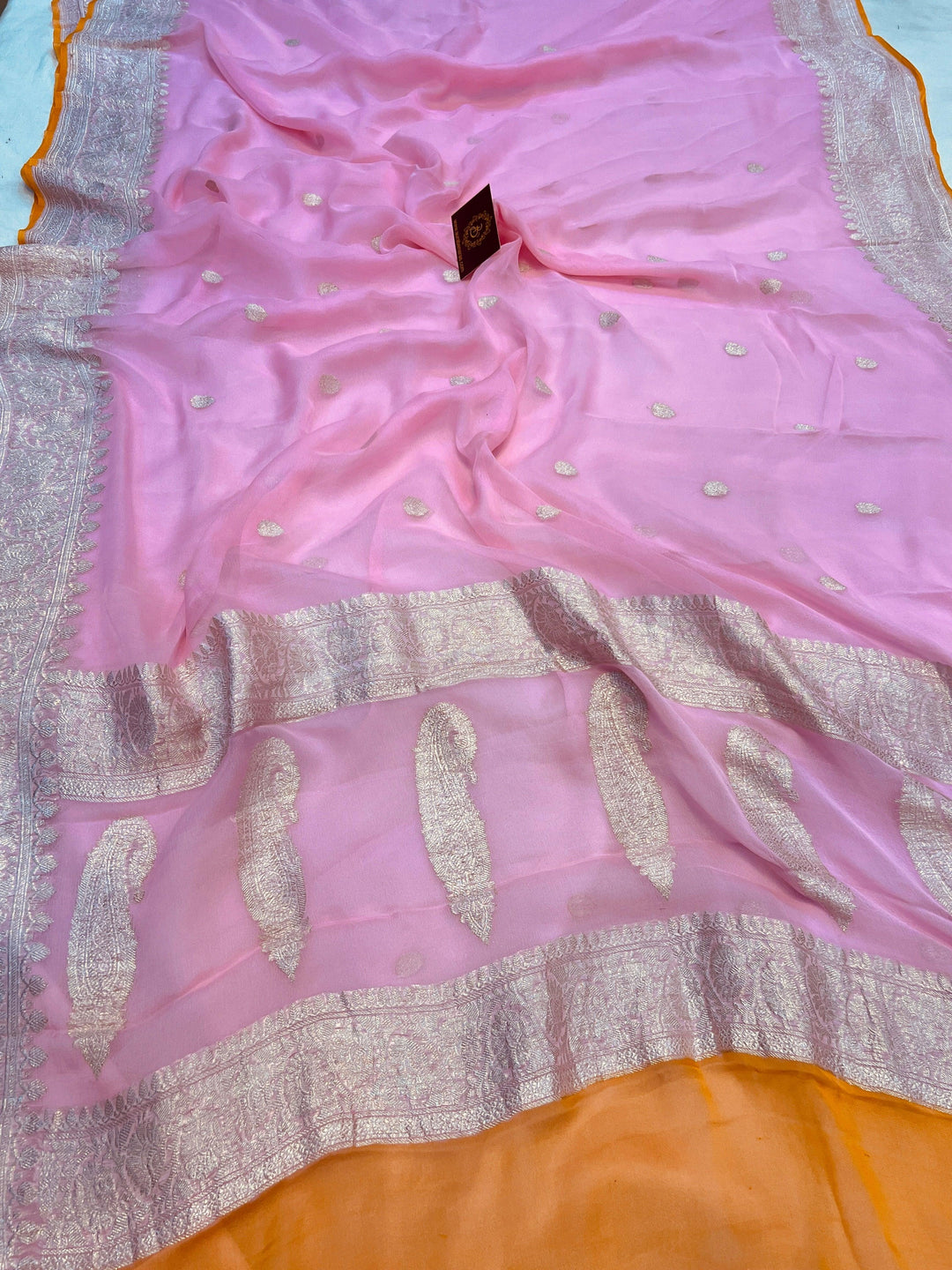 Baby Pink Khaddi Chiffon Banarasi Handloom Saree