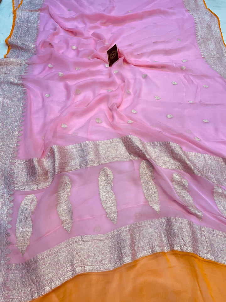 Baby Pink Khaddi Chiffon Banarasi Handloom Saree