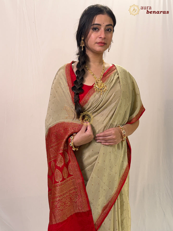 Dusty Pista Green Pure Crepe Silk Handloom Banarasi Saree