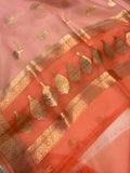 Pani Peach Banarasi Handloom Kora Silk Saree - Aura Benaras