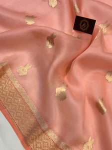 Pani Peach Banarasi Handloom Kora Silk Saree - Aura Benaras