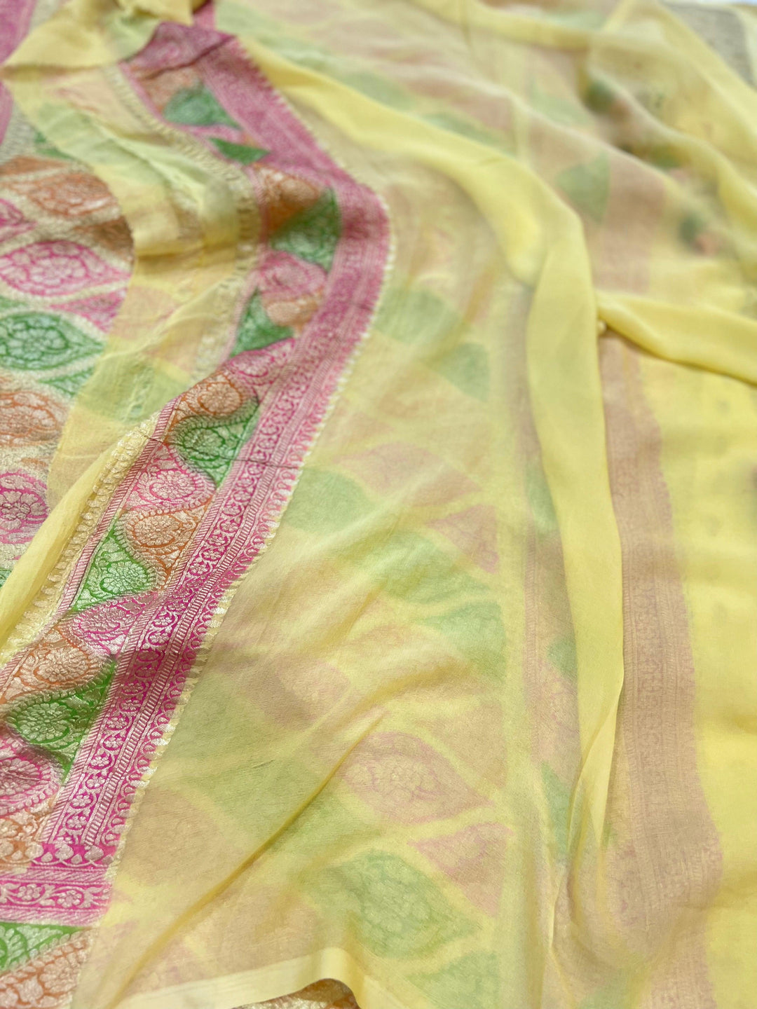 Pastel Yellow Rangkaat Banarasi Khaddi Georgette Saree - Aura Benaras