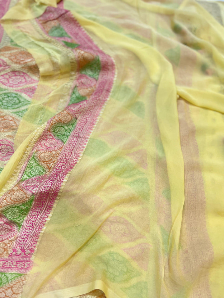 Pastel Yellow Rangkaat Banarasi Khaddi Georgette Saree - Aura Benaras