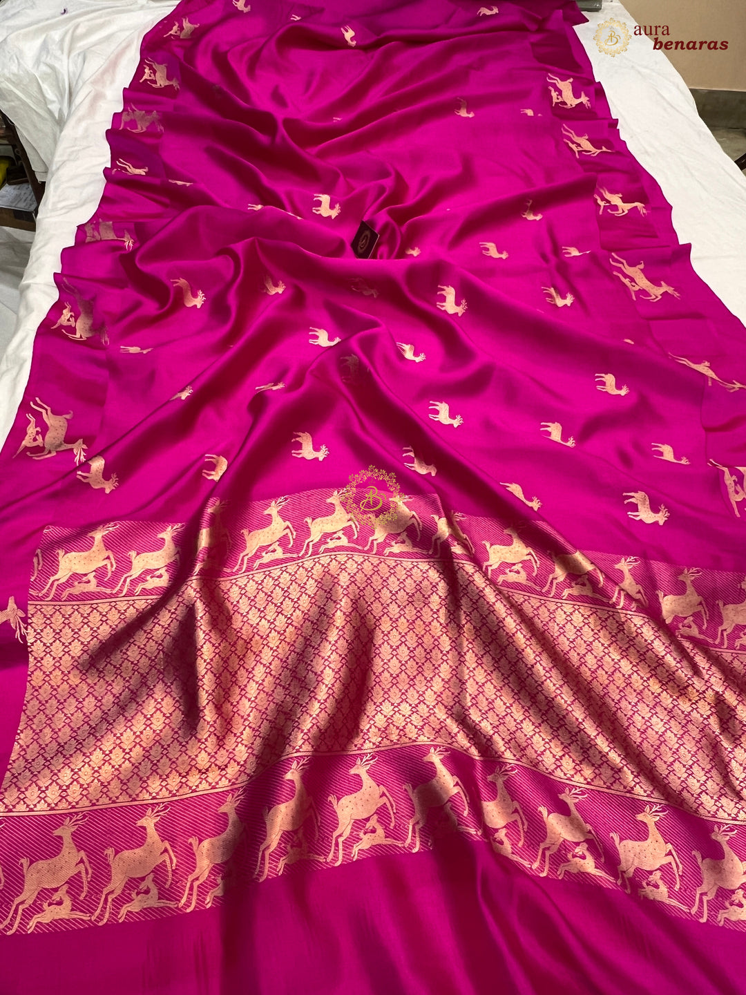Rani Pink Pure Silk Banarasi Saree with Deer Motif Border