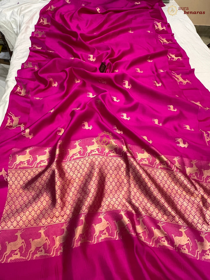 Rani Pink Pure Silk Banarasi Saree with Deer Motif Border