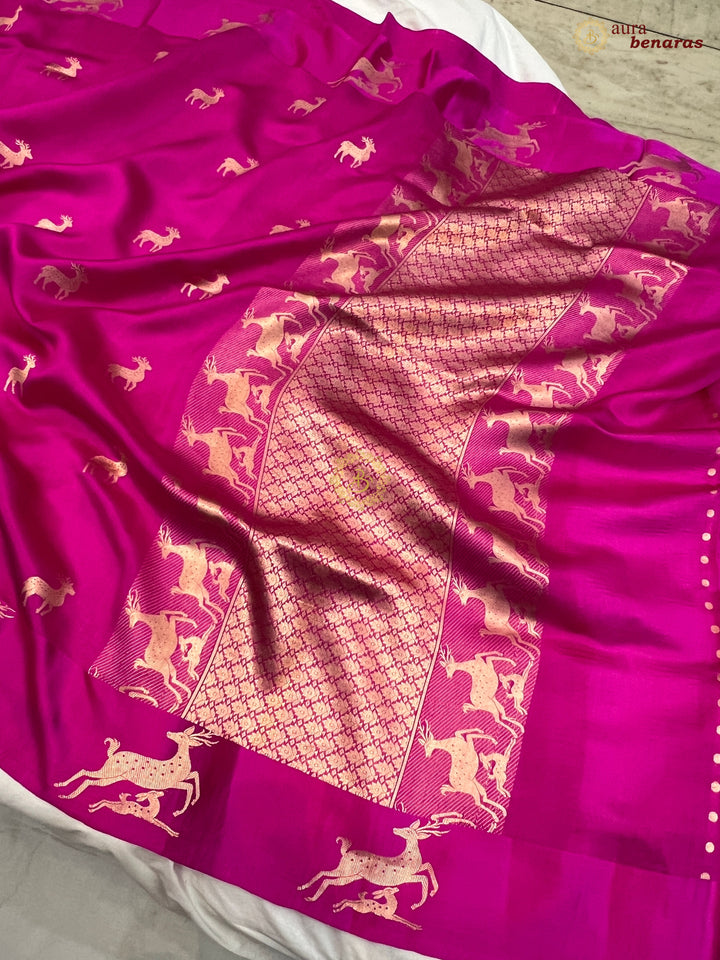 Rani Pink Pure Silk Banarasi Saree with Deer Motif Border