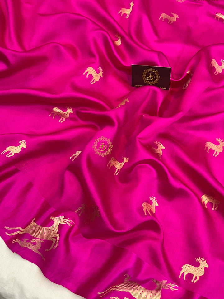 Rani Pink Pure Silk Banarasi Saree with Deer Motif Border