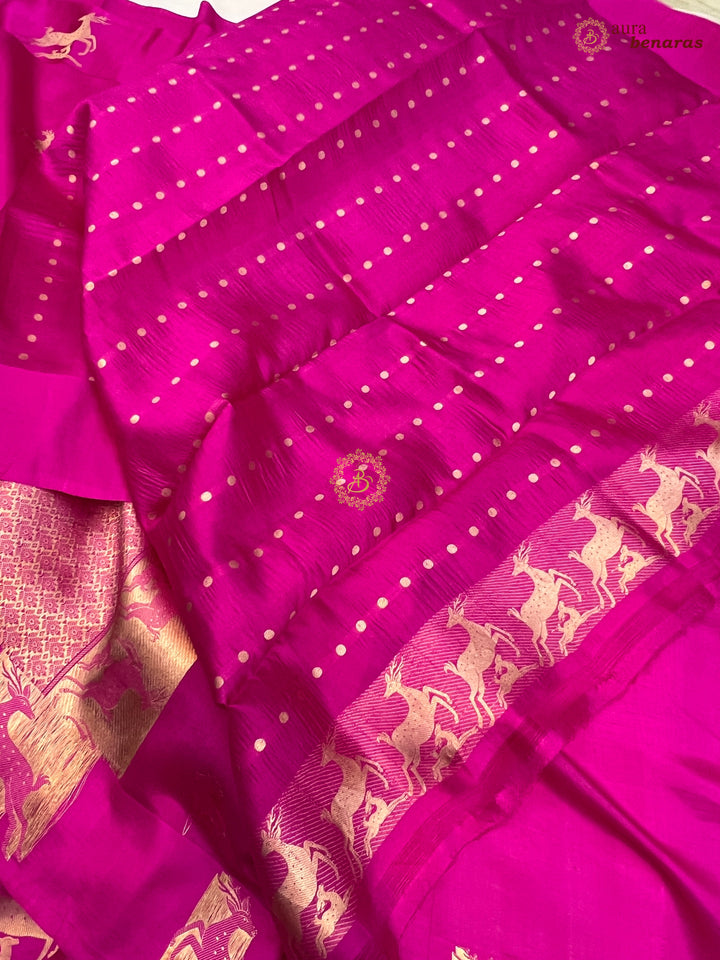 Rani Pink Pure Silk Banarasi Saree with Deer Motif Border